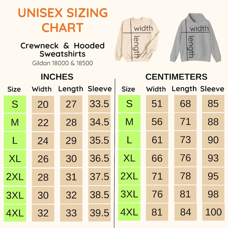 May include: A unisex sizing chart for crewneck and hooded sweatshirts, with measurements in inches. The chart includes sizes S to 4XL, detailing width, length, and sleeve measurements. The chart also includes measurements in centimeters.