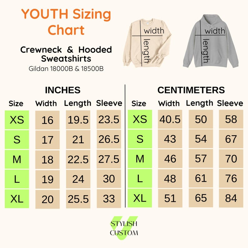 May include: A youth sizing chart for crewneck and hooded sweatshirts. The chart includes measurements in inches for width, length, and sleeve length, ranging from XS to XL. Measurements in centimeters are also provided.