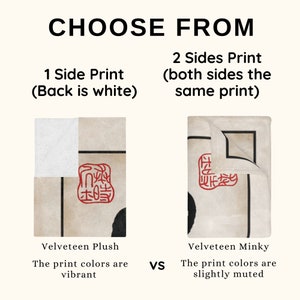 May include: Two images of blankets with different print options. The left image shows a blanket with a single-sided print, with the back side being white. The right image shows a blanket with a double-sided print, with the same print on both sides. The text "Velveteen Plush" is below the left image, and the text "Velveteen Minky" is below the right image. The text "The print colors are vibrant" is below the left image, and the text "The print colors are slightly muted" is below the right image. The text "VS" is between the two images.