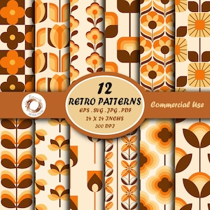 Op de afbeelding: Een verzameling van 12 retro patronen in bruin, oranje en crème tinten. De ontwerpen bevatten bloemen- en geometrische motieven. De afbeelding bevat de tekst "12 Retro Patterns" en "24 x 24 inch" (61 x 61 cm). Commercieel gebruik is aangegeven.