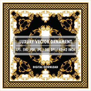 May include: A square digital download featuring a black and white background with gold ornamental flourishes. The design includes the text "LUXURY VECTOR ORNAMENT" and "DIGITAL DOWNLOAD". The image is 42 x 42 inches.