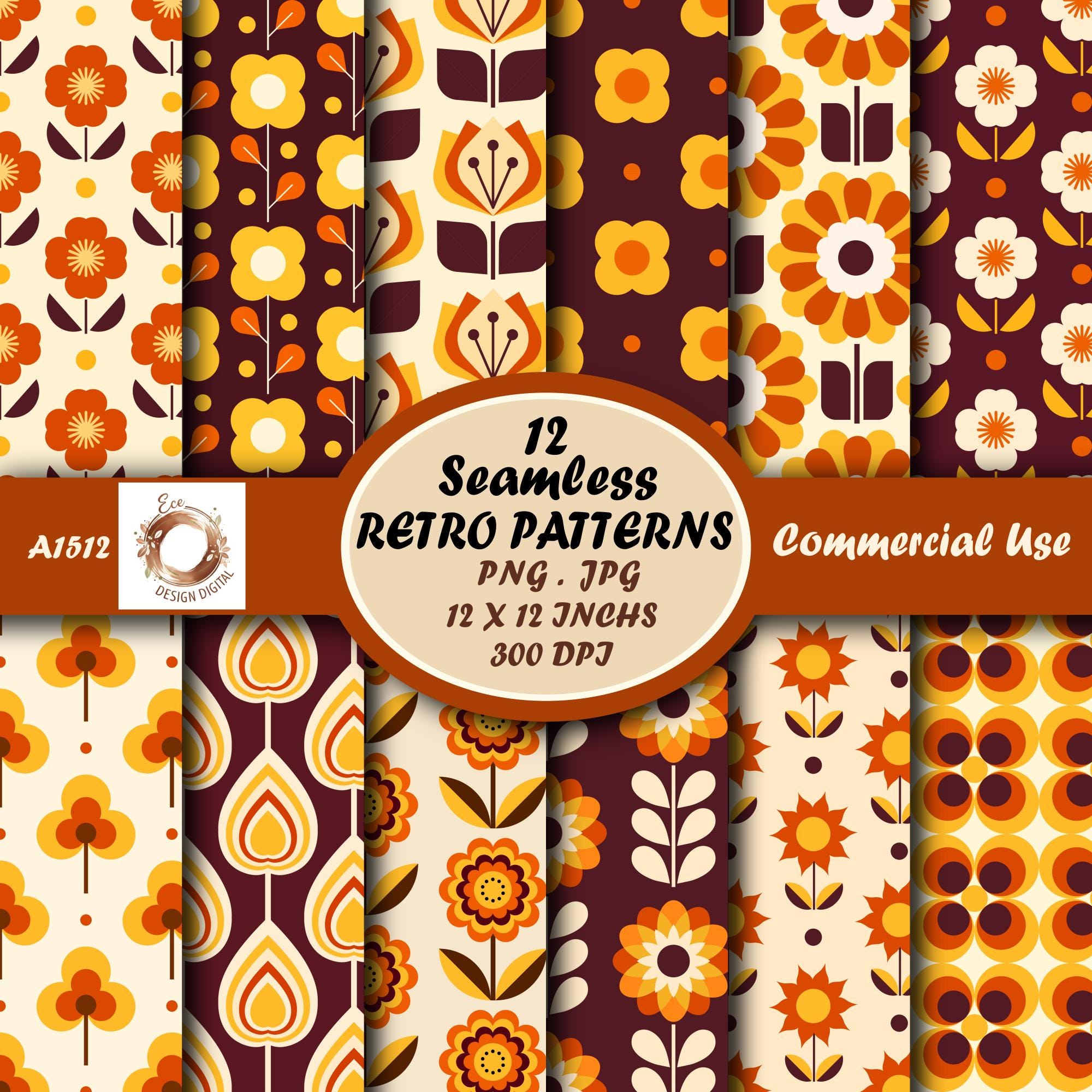 Mid Century Modern Floral Papers, 70s Retro Seamless Backgrounds ...