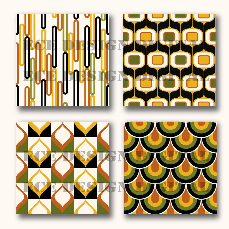 Mid Century Modern Geometric Patterns, Seamless 70s Retro Backgrounds ...