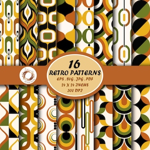 Peut inclure: Une collection de 16 motifs rétro avec des formes géométriques et organiques. Les motifs utilisent des couleurs orange, jaune, vert, noir et blanc. L'image contient le texte "16 Retro Patterns" et les dimensions "61 x 61 cm".