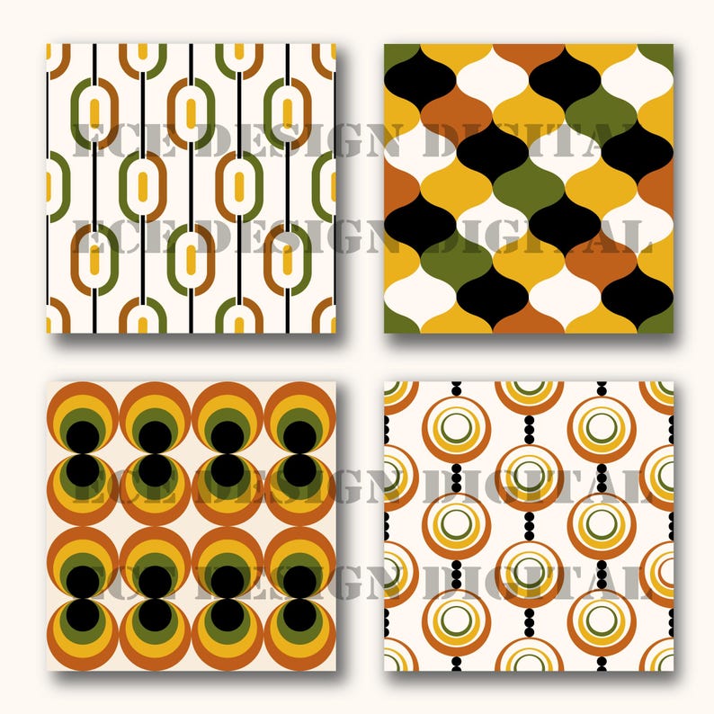 Mid Century Modern Geometric Patterns, Seamless 70s Retro Backgrounds ...