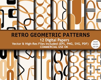 Mid Century moderne geometrische Muster, 70er Jahre Retro nahtlose Hintergründe (eps, svg, png, pdf Set)
