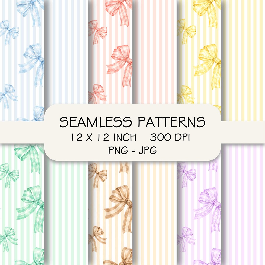 Coquette Bow Seamless Pattern Bundle, Colorful Ribbon Stripes Digital ...