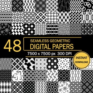 Può includere: Una collezione di 48 carte digitali geometriche senza cuciture in bianco e nero. L'immagine presenta vari modelli, tra cui forme geometriche, linee e punti. Il testo sull'immagine recita "SEAMLESS GEOMETRIC DIGITAL PAPERS" e "INSTANT DOWNLOAD".