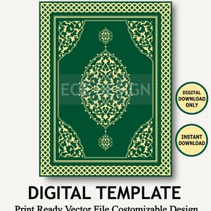 Puede incluir: Una plantilla digital con un fondo verde y un diseño dorado ornamentado. El diseño incluye un medallón central y detalles en las esquinas. El texto en la imagen dice "DIGITAL TEMPLATE" y "Print Ready Vector File Costomizable Design".