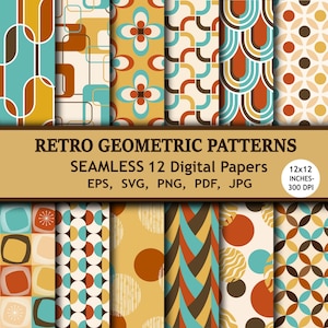 Könnte beinhalten: Eine Sammlung von 12 digitalen Papieren mit Retro-Geometrie-Mustern. Die Designs zeigen Formen wie Quadrate, Kreise und geschwungene Linien in Türkis, Braun und Orange. Die Papiere sind 30,48 x 30,48 cm groß und in verschiedenen Formaten verfügbar.