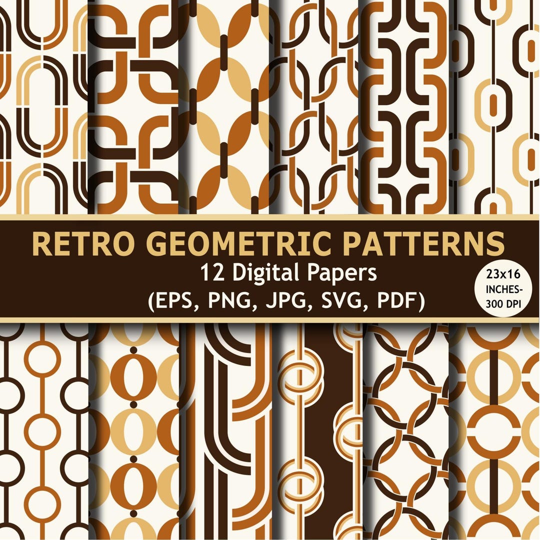 Retro Geometric Patterns, 70s Style, Seamless Backgrounds (digital ...