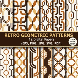 Puede incluir: Una colección de patrones geométricos retro en tonos marrón, beige y blanco. La imagen muestra 12 papeles digitales con varios diseños, incluyendo eslabones de cadena y formas curvas. El texto dice "Retro Geometric Patterns" y "58x41 cm - 300 DPI".