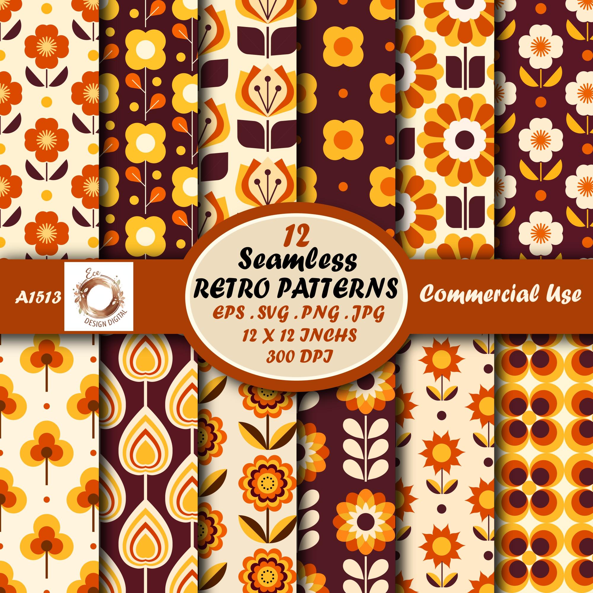 Mid Century Modern Seamless Patterns, 70s Retro Floral Backgrounds (eps ...