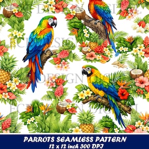 May include: A vibrant seamless pattern featuring colorful parrots perched on branches amidst tropical foliage, pineapples, and flowers. The design includes the text "PARROTS SEAMLESS PATTERN" and dimensions of 12 x 12 inches.