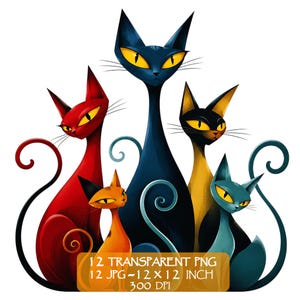 Puede incluir: Una ilustración digital de cinco gatos estilizados en rojo, naranja, azul oscuro, amarillo y verde azulado, todos con orejas puntiagudas y ojos amarillos brillantes. Un texto dice: 12 TRANSPARENT PNG 12 JPG - 12 X 12 INCH 300 DPI.