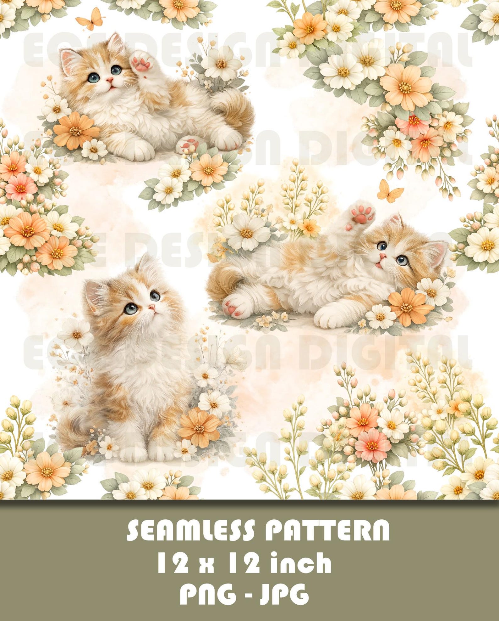 Watercolor Cats Floral Seamless Pattern, Pastel Flowers Digital Paper ...