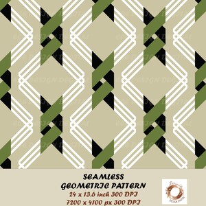 May include: A seamless geometric pattern with a repeating design of white, black, and olive green shapes on a beige background. The pattern features diamond-like forms and intersecting lines. The text "SEAMLESS GEOMETRIC PATTERN" is displayed below the design.