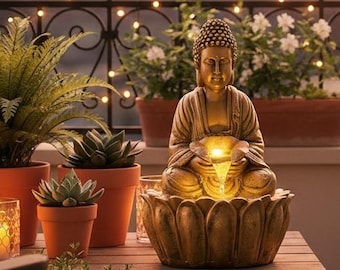 Buddha Tabletop Water Fountain: Golden Resin Zen Home Decor