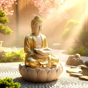 ゴールデン仏滝の噴水 LEDライト付き – 室内用禅デコレーション