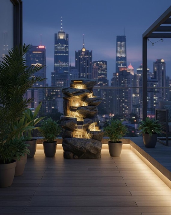 Großer Zimmerbrunnen mit LEDs: Wasserfall-Element aus Polyresin