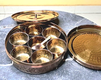 Stainless steel PVD coated hammered Masala Dabba: 9" Spice Box with 7 Containers