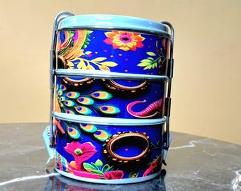 Digital Print Indian Tiffin Lunchbox:3-Tier Stainless Steel Bento Box
