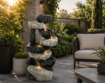 Stacked Stone Fountain with LED Light | Indoor Outdoor Polyresin Water Feature