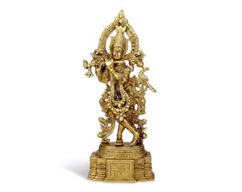 Handcrafted Brass Krishna Idol with Flute: Hindu Puja Decor (13 Inch)