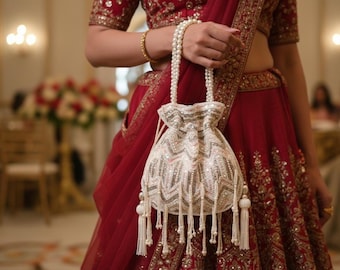 Bolso Potli artesanal con asa de perlas: bolso de mano para bodas indias