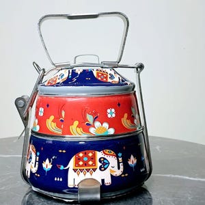 New Designer Hand Painted Indian Tiffin Lunchbox | 2 Tier Metal Bento Box | Dabba Style Food Carrier | Asian Lunchbox for Picnicware
