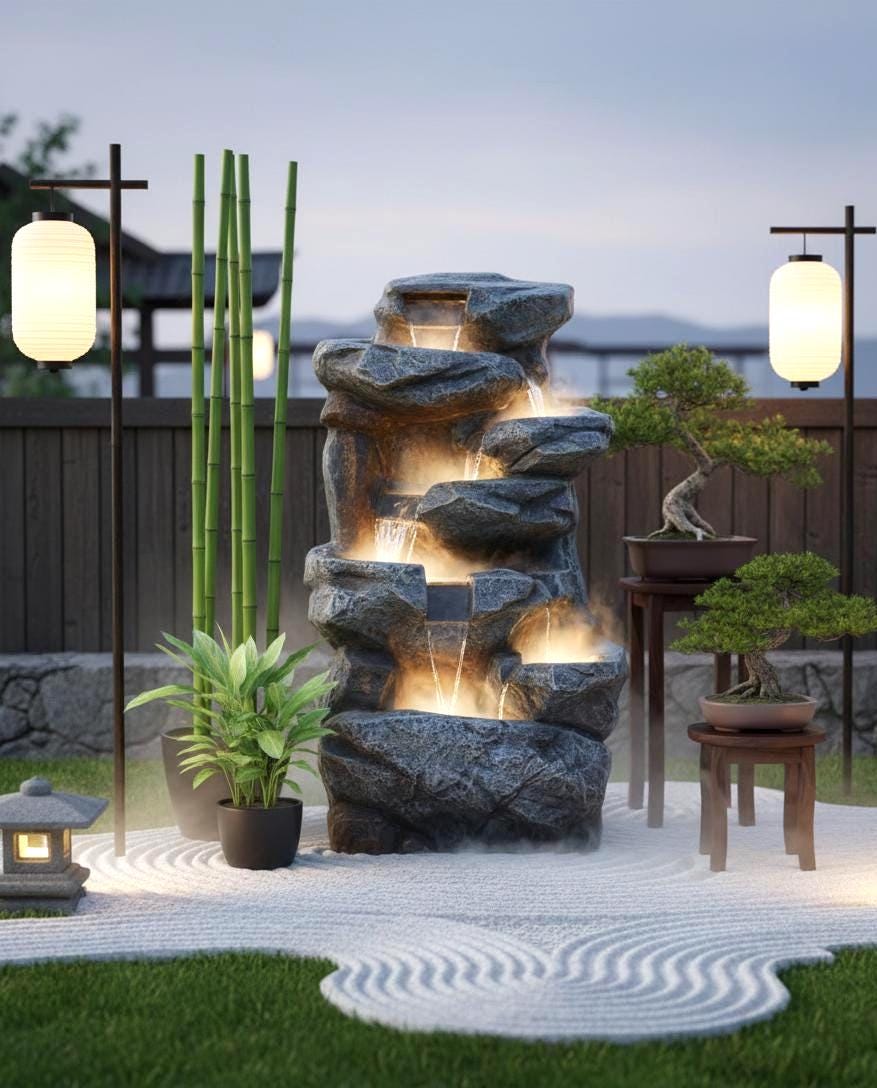 LEDライト付き大型屋内噴水：ポリ樹脂製岩の滝 - Etsy 日本