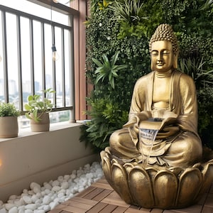 以下が含まれることがあります： 大きな蓮の花の台座の上に座る仏像のゴールドカラーのウォーターファウンテン。仏像の手から蓮の形の水受けに水が流れています。彫刻は質感のあるメタリック仕上げで、木製のデッキの上に設置されています。