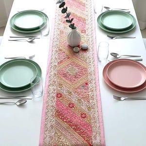 Handmade Indian Patchwork Table Runner: Embroidered Beaded Bohemian Decor