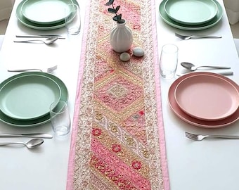 Handmade Indian Patchwork Table Runner: Embroidered Beaded Bohemian Decor