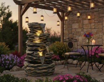 Abgestufter Rock & Log Wasserbrunnen mit LED-Leuchten (102x66x63 cm)