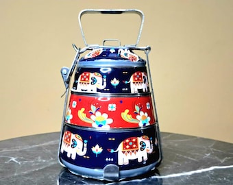Hand Painted Stainless Steel Tiffin Lunch Box: 3-Tier Indian Dabba