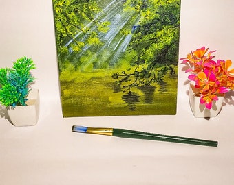 Acrylic painting Canvas Art Painting with Water Reflection  wall art nature landscape , Small canvas, mini canvas, floral ,handmade tiny art