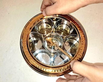 Gold PVD Stainless Steel Masala Dabba: Indian Spice Box with 7 Containers