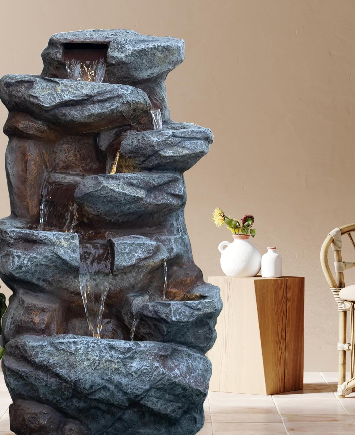 Large Indoor Water Fountain With Leds: Poly Resin Rock Waterfall ...