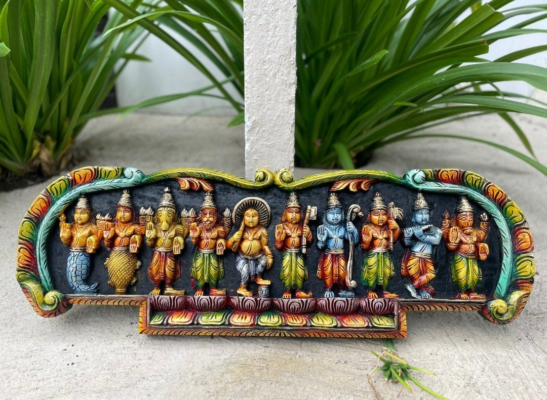 Ten Avatars of Lord Vishnu Wood Antique Style Dhasavatharam Indian Art Work for Home Decor