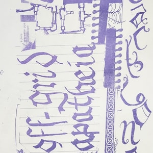 May include: A purple ink drawing on lined paper with text and diagrams. The text includes "BEST BY: 02/17/2026" and "NO SHINY GLAZE". Diagrams depict plumbing components. The word "issue" is also visible.
