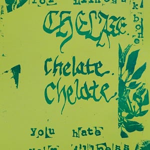 May include: A lime green poster with dark green text and illustrations. The text includes phrases like "Saints Pray," "Chelate," and "You hate your illness." The poster also features the text "Backbone, issue Sixteen."
