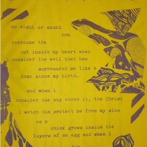 May include: A yellow page from "Backbone Issue 8" with text and abstract illustrations in dark purple. The text includes phrases like "Kill Bill, Converts, Martyrdom, and Revenge" and a poem about life and death.