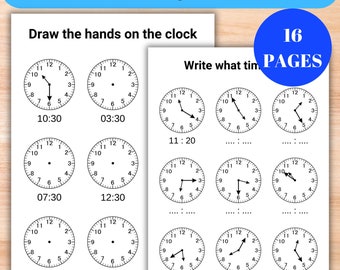Werkblad voor het leren van klokken, werkbladen voor tijd, analoge klokuur- en halfuuractiviteiten, werkblad voor het leren van analoge en digitale klok, afdrukbaar