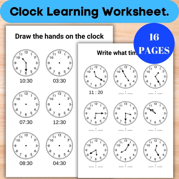 Feuille de travail d'apprentissage de l'horloge, feuilles de travail sur l'heure, activités d'une heure et d'une demi-heure sur l'horloge analogique, feuille d'exercices d'apprentissage sur l'horloge analogique et numérique, imprimable