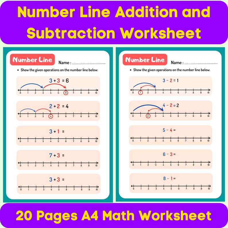Number Line Addition and Subtraction Worksheet, 20 Pages Printable Math Practice, Fast Counting ...