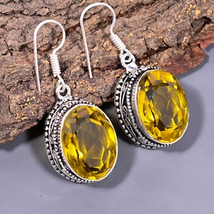 Yellow Citrine Earrings, Citrine gemstone 925 Sterling Silver Plated Earrings, Handmade Gemstone Earrings, Citrine Drop Earrings For Gifts
