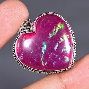 Vintage Style Pink Opal Heart Pendant, 925 Sterling Silver Plated Pendant, Opal Jewelry, Minimalist Pendant For Necklace, Dainty Pendant