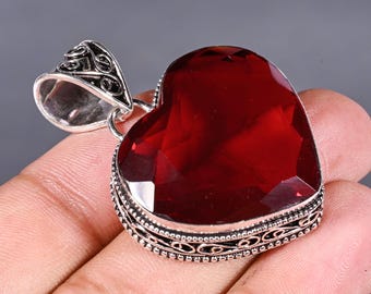 Red Garnet Heart Pendants, Handmade Gemstone 925 Sterling Silver Plated Pendant, Jewelry For Women