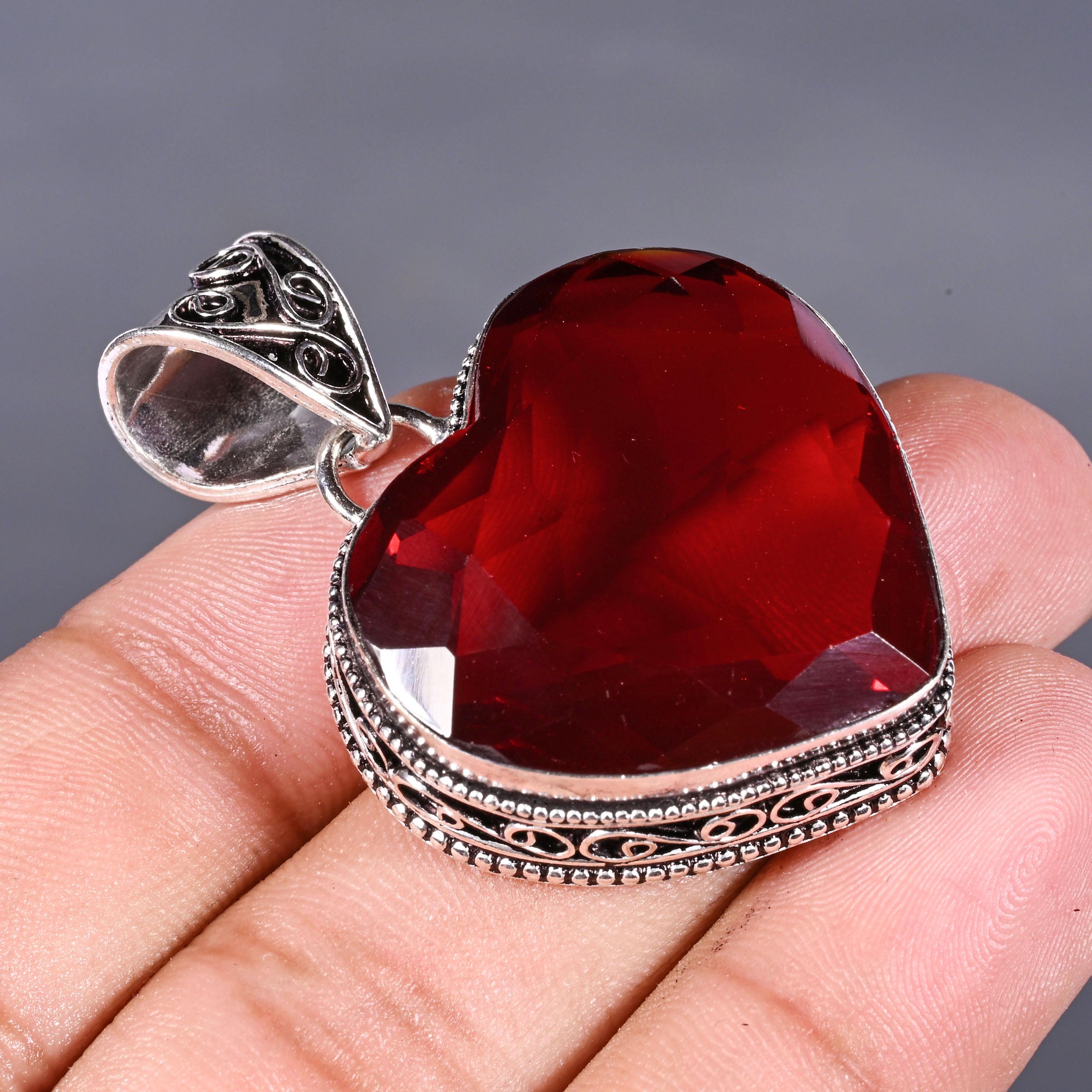 Red Garnet Heart Pendants, Handmade Gemstone 925 Sterling Silver Plated Pendant, Jewelry For Women